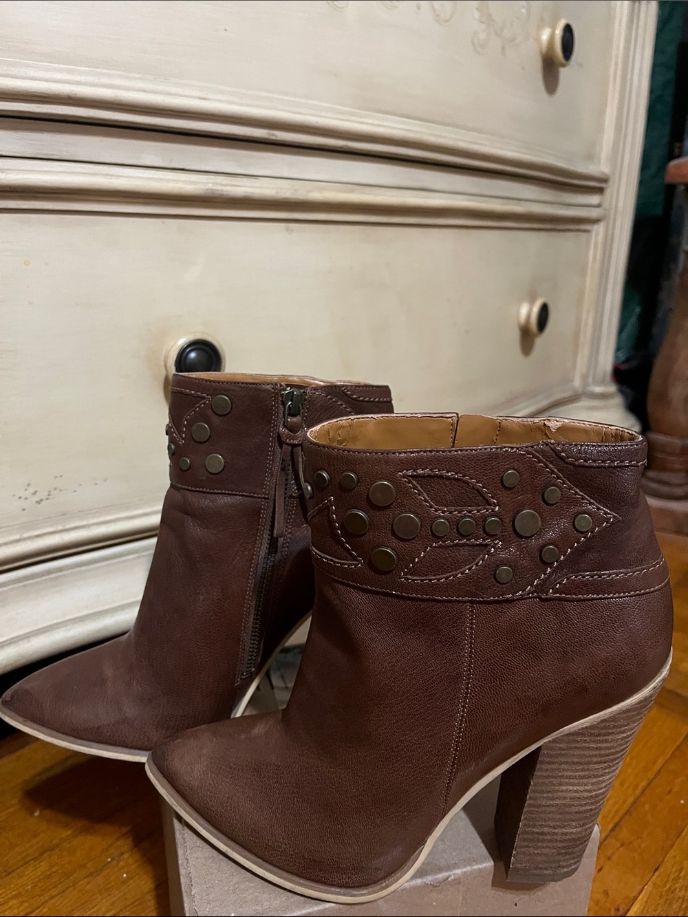Nine West Vintage Collection Leather Brown Studded High-Heel Ankle Boots